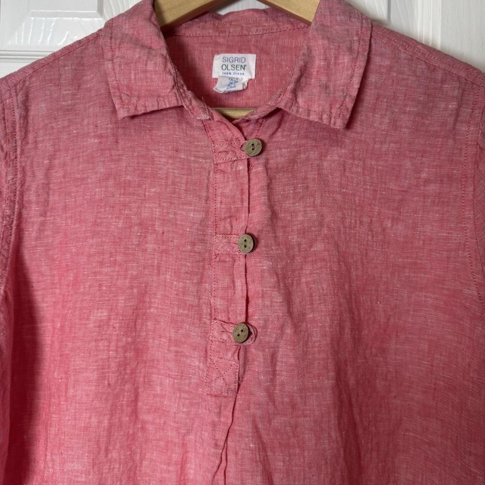 Sigrid Olsen 100% Linen Coral Button-Down Long Sleeve Shirt Womens Small - Picture 2 of 5